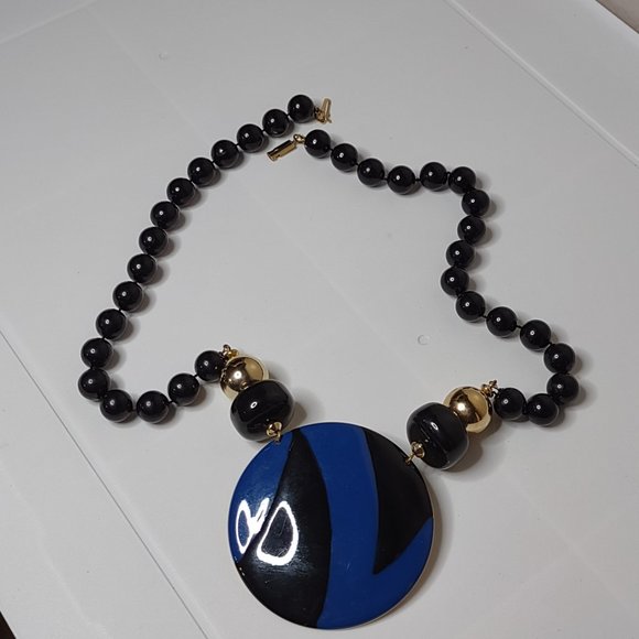 Black Plastic Bead Necklace With Large Metal Blue Pendant 25 Inches Long - Picture 2 of 12